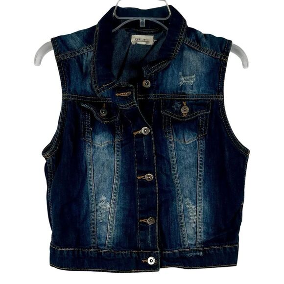 C'est Toi Dark Wash Distressed Sleeveless Denim Vest M - Picture 1 of 9